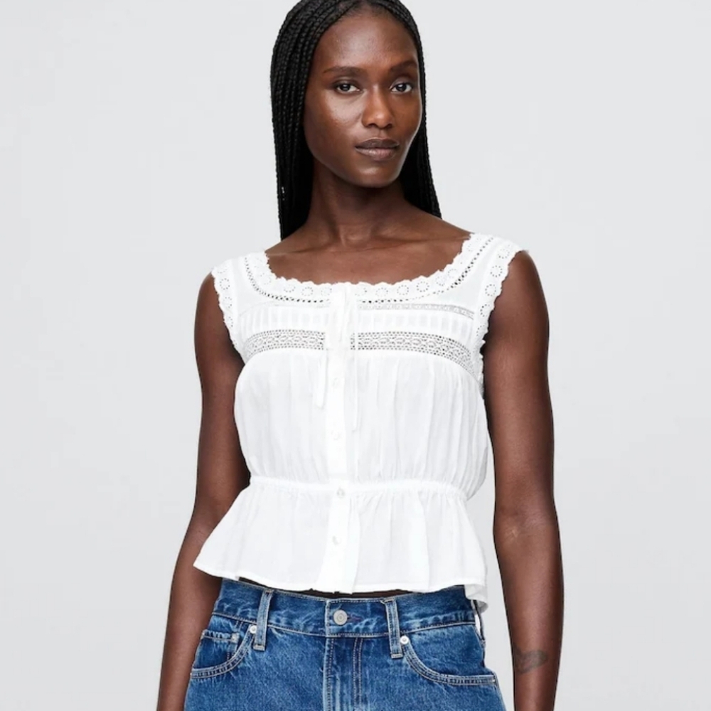 Women's White Lace-Trim Button Front Tank Top